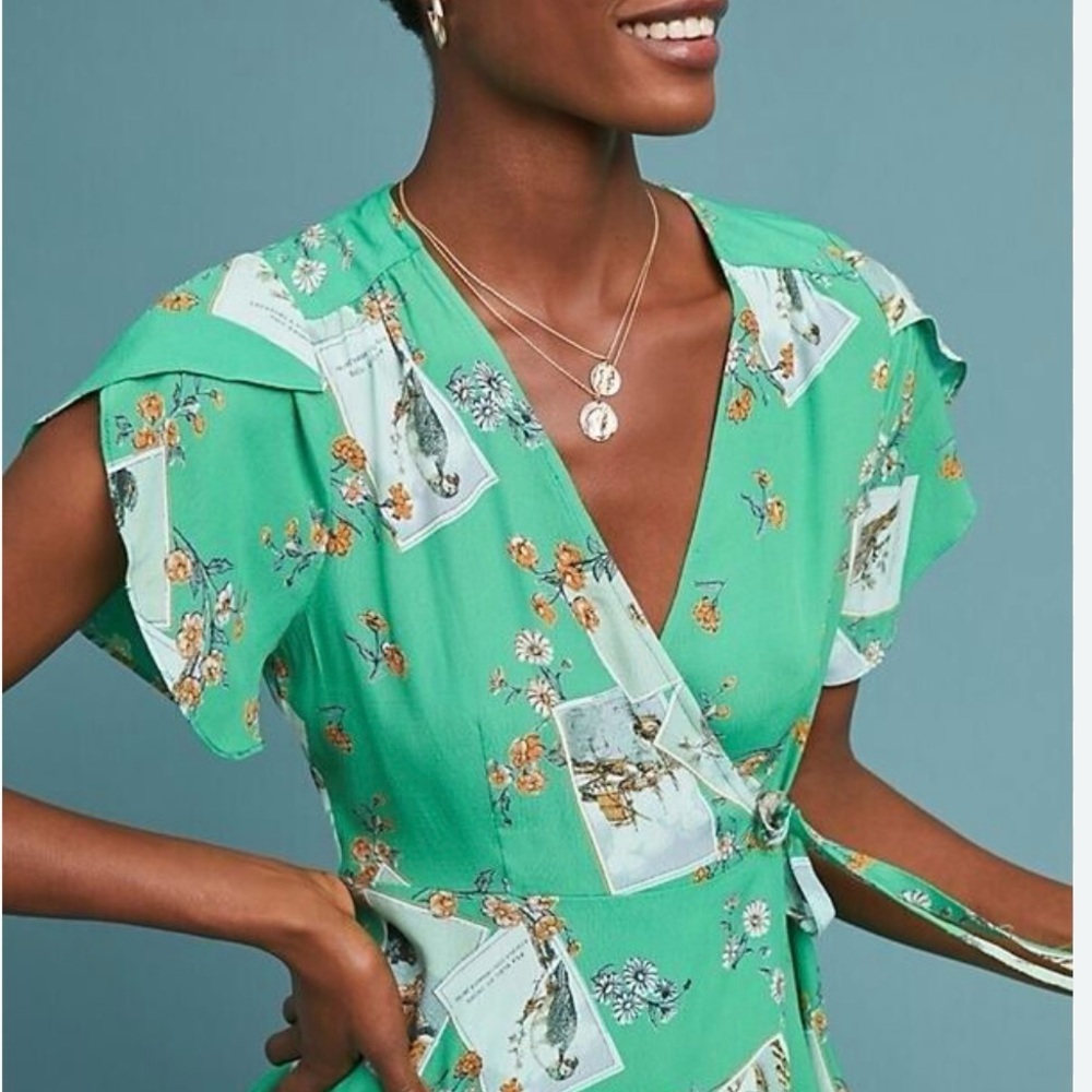 Anthropologie Green Floral Wrap Blouse